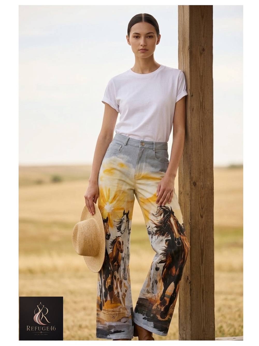 NWT Western Flare Wide-Leg Jeans Yellow Sun Brown Horse Painted Print
